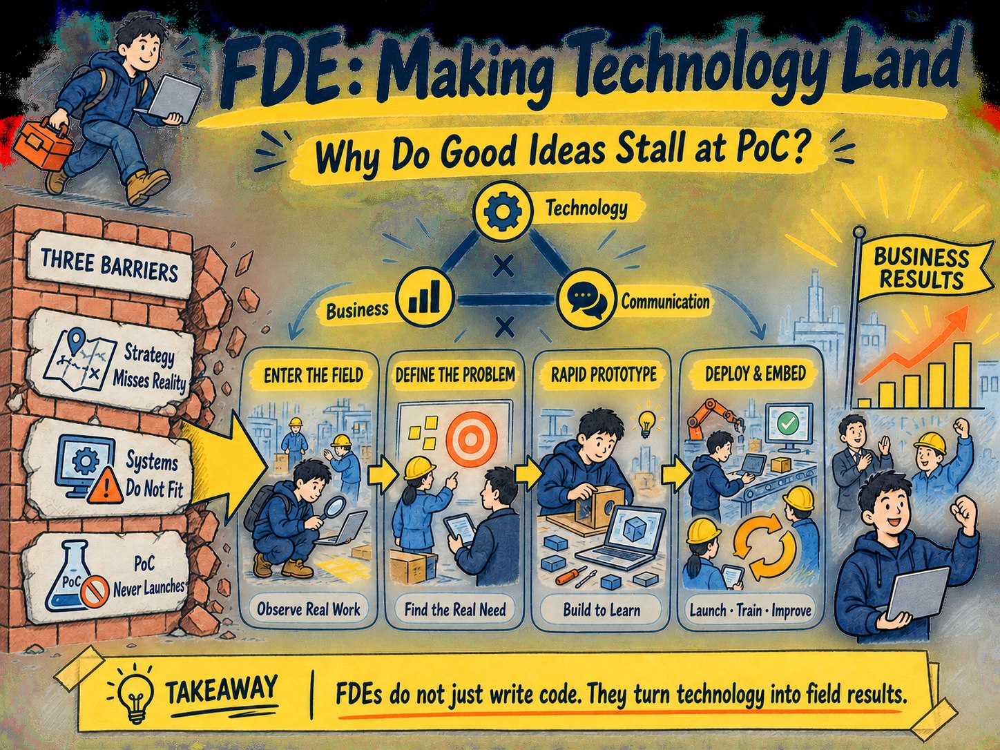 Hand-drawn FDE knowledge map showing three barriers to implementation, followed by field observation, problem definition, rapid prototyping, deployment, and business results