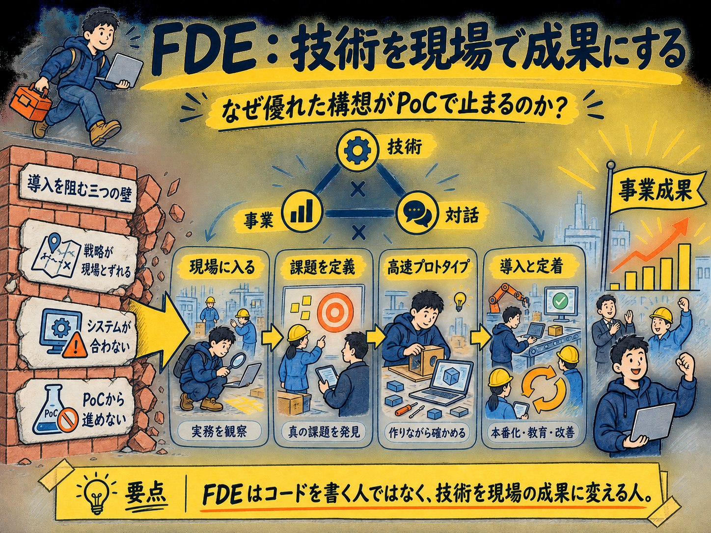 導入を阻む三つの壁から、現場観察、課題定義、高速プロトタイプ、導入と定着を経て事業成果へ進むFDEの手描き知識マップ