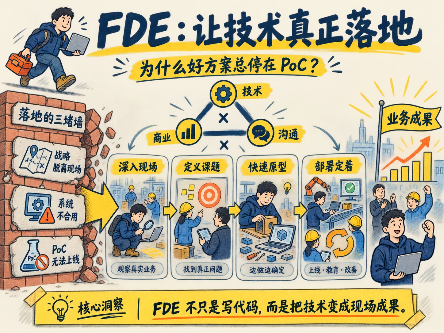 FDE 手绘知识信息图：突破战略脱离现场、系统不合用和 PoC 无法上线三堵墙，经由深入现场、定义课题、快速原型和部署定着，转化为业务成果