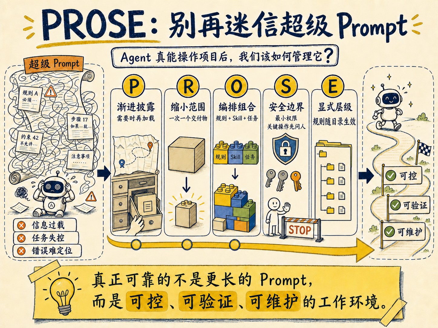 PROSE 五项原则手绘信息图:从超级 Prompt 的信息过载,走向渐进披露、缩小范围、编排组合、安全边界与显式层级