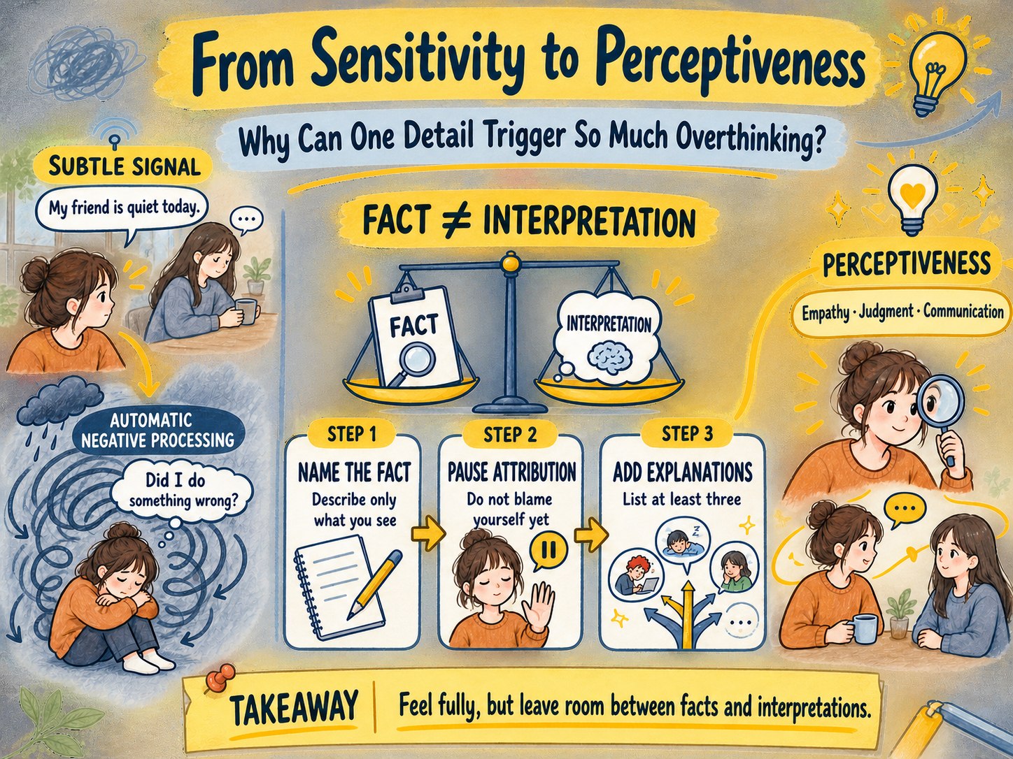 Hand-drawn map from sensitivity to perceptiveness: separate subtle signals from automatic negative processing, then name the fact, pause attribution, and add explanations