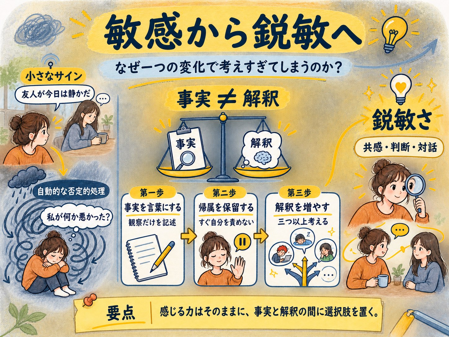 小さなサインと自動的な否定的処理を分け、事実を言葉にし、帰属を保留し、解釈を増やして敏感さを鋭敏さへ変える手描き知識マップ