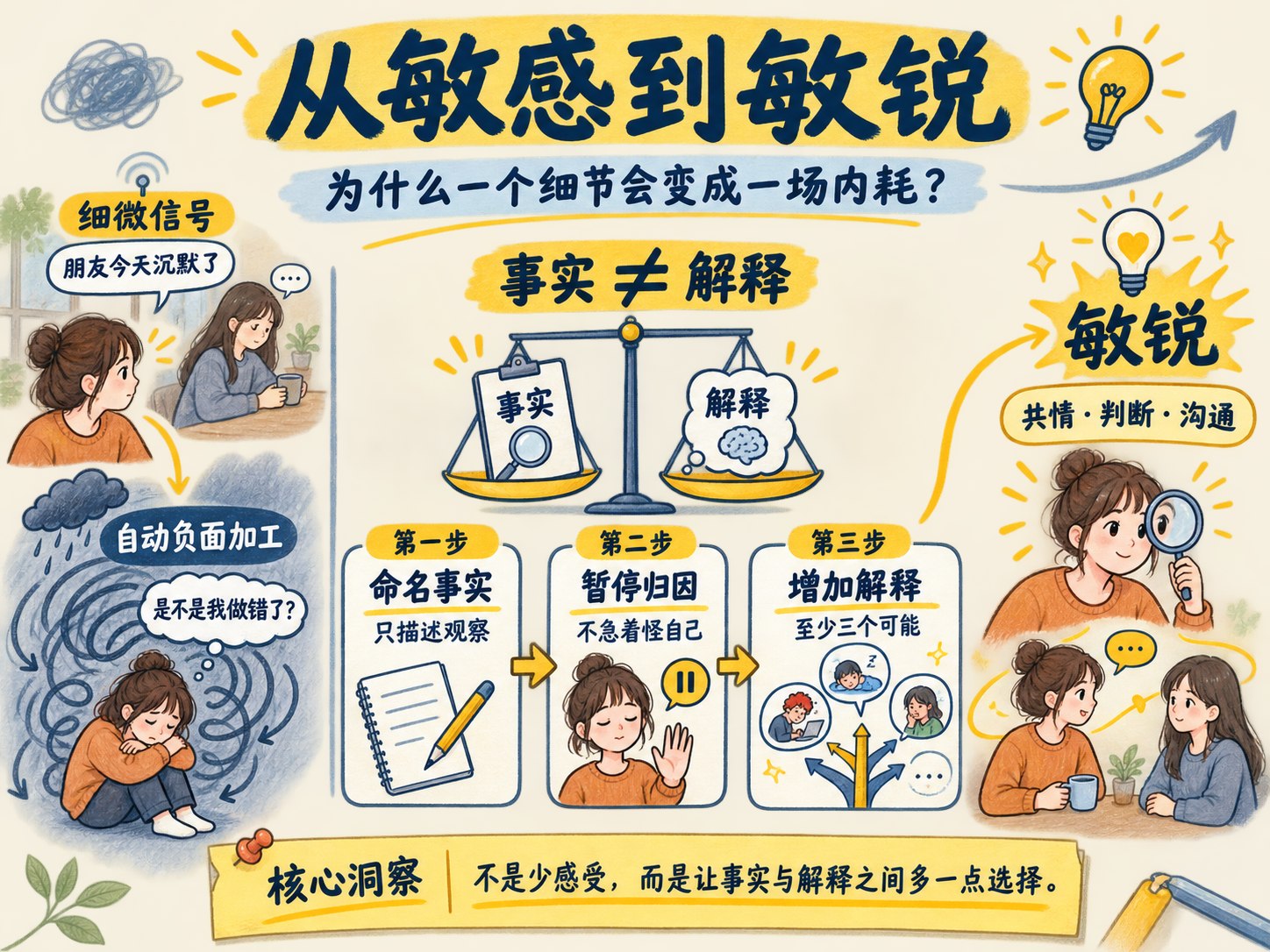 从敏感到敏锐的手绘知识信息图：将细微信号与自动负面加工分开，通过命名事实、暂停归因和增加解释，把敏感转化为共情、判断与沟通