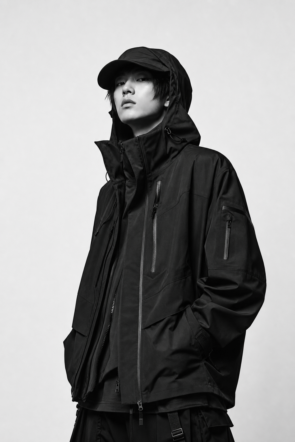 Black and white techwear editorial portrait